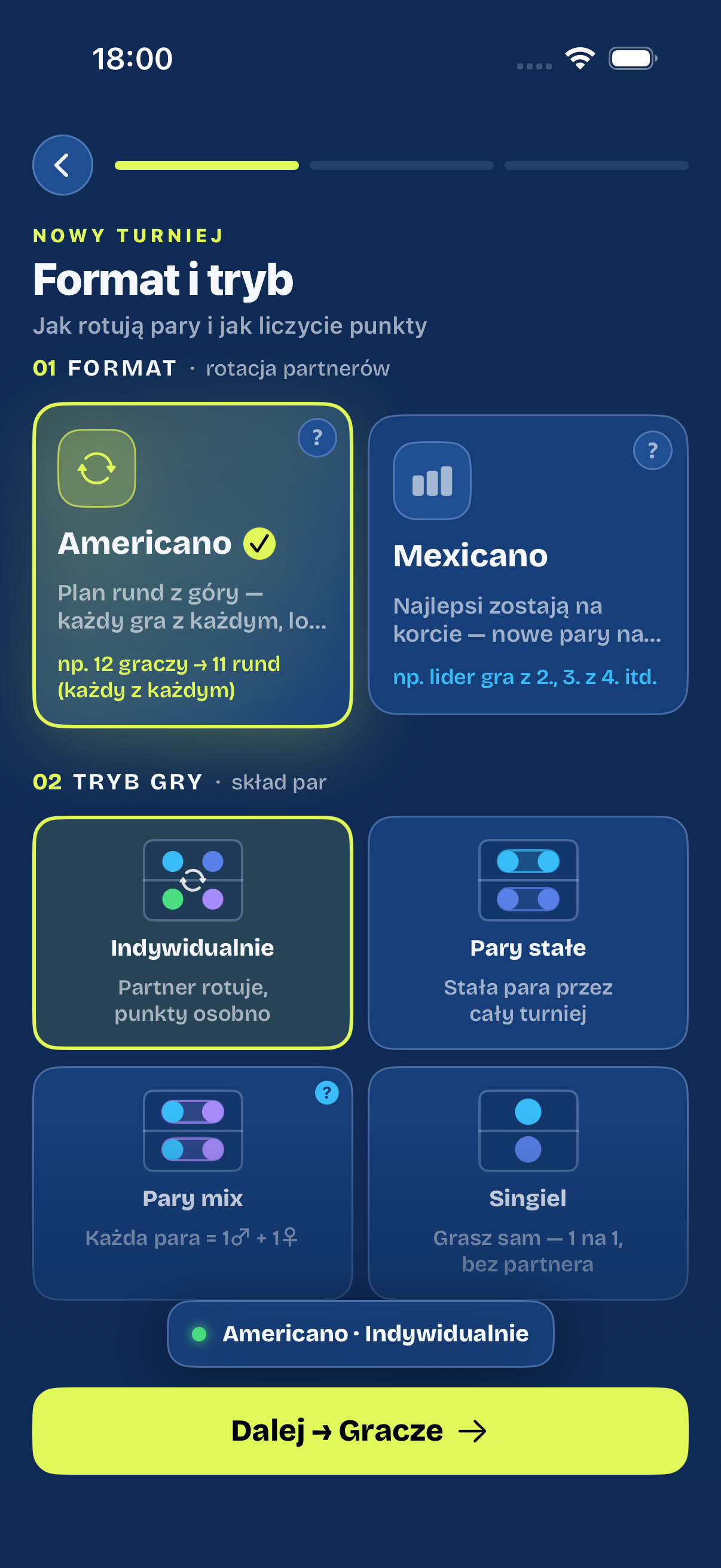 Kreator turnieju — Format i tryb (Americano/Mexicano, singiel)