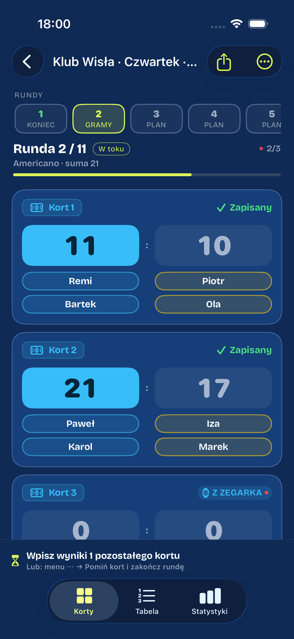 Turniej na żywo — korty, wyniki, wynik z Apple Watch