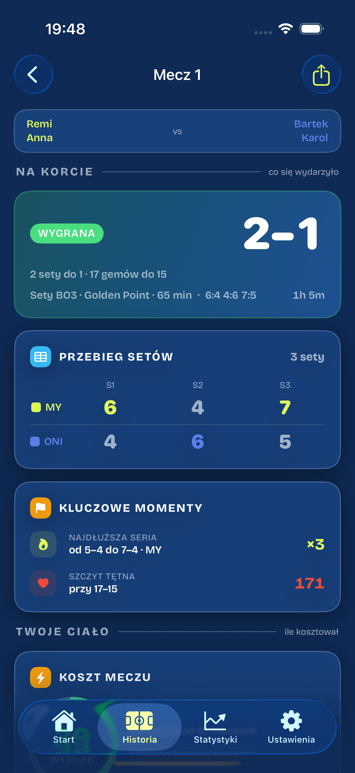 Karta meczu — wynik, kluczowe momenty i szczyt tętna, koszt meczu (Match Effort)